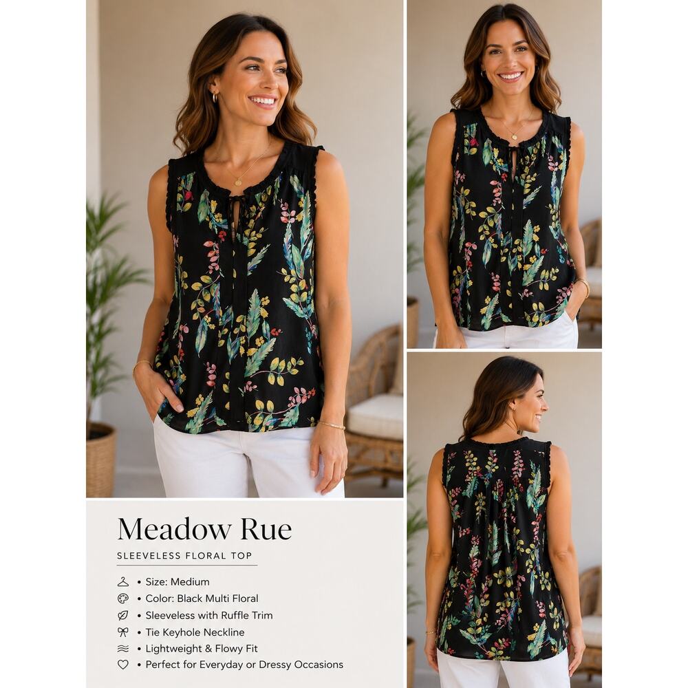 Meadow Rue Anthropologie Medium Floral Sleeveless Tie Neck Boho Top